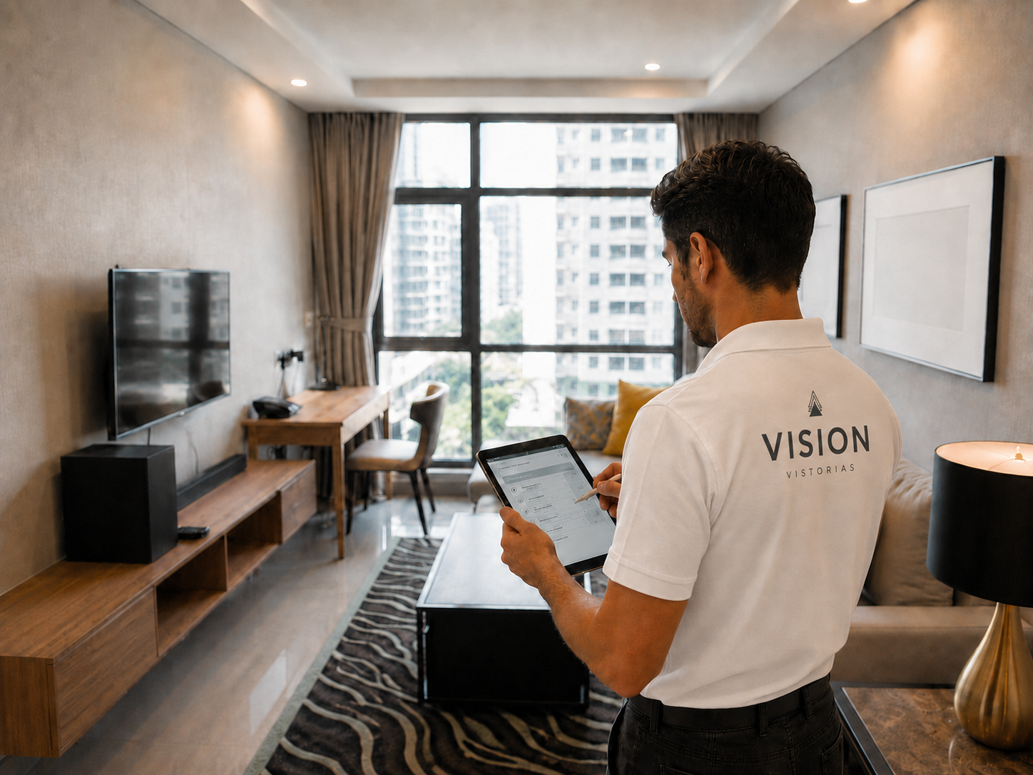 Vistoriador realizando vistoria com tablet